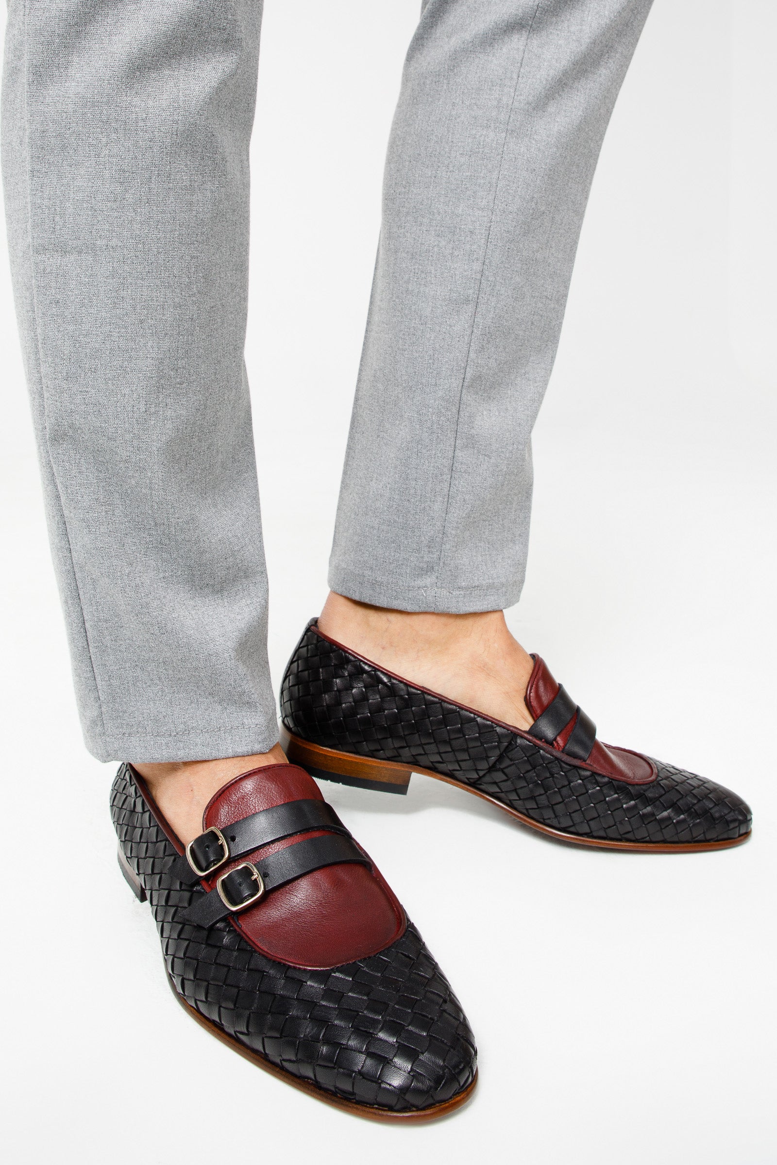 The Vatra Black Burgundy Woven Double Monk Strap Shoe - Vinci Leather