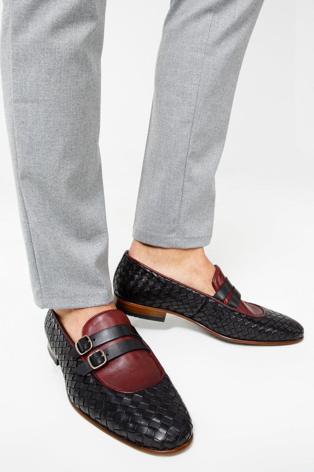 The Vatra Black Burgundy Woven Double Monk Strap Shoe - Vinci Leather
