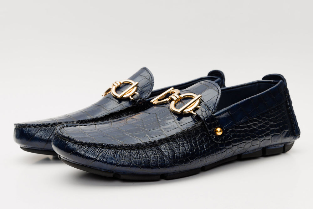 The Pisa Navy Blue Leather Bit Drive Loafer Shoe - Vinci Leather
