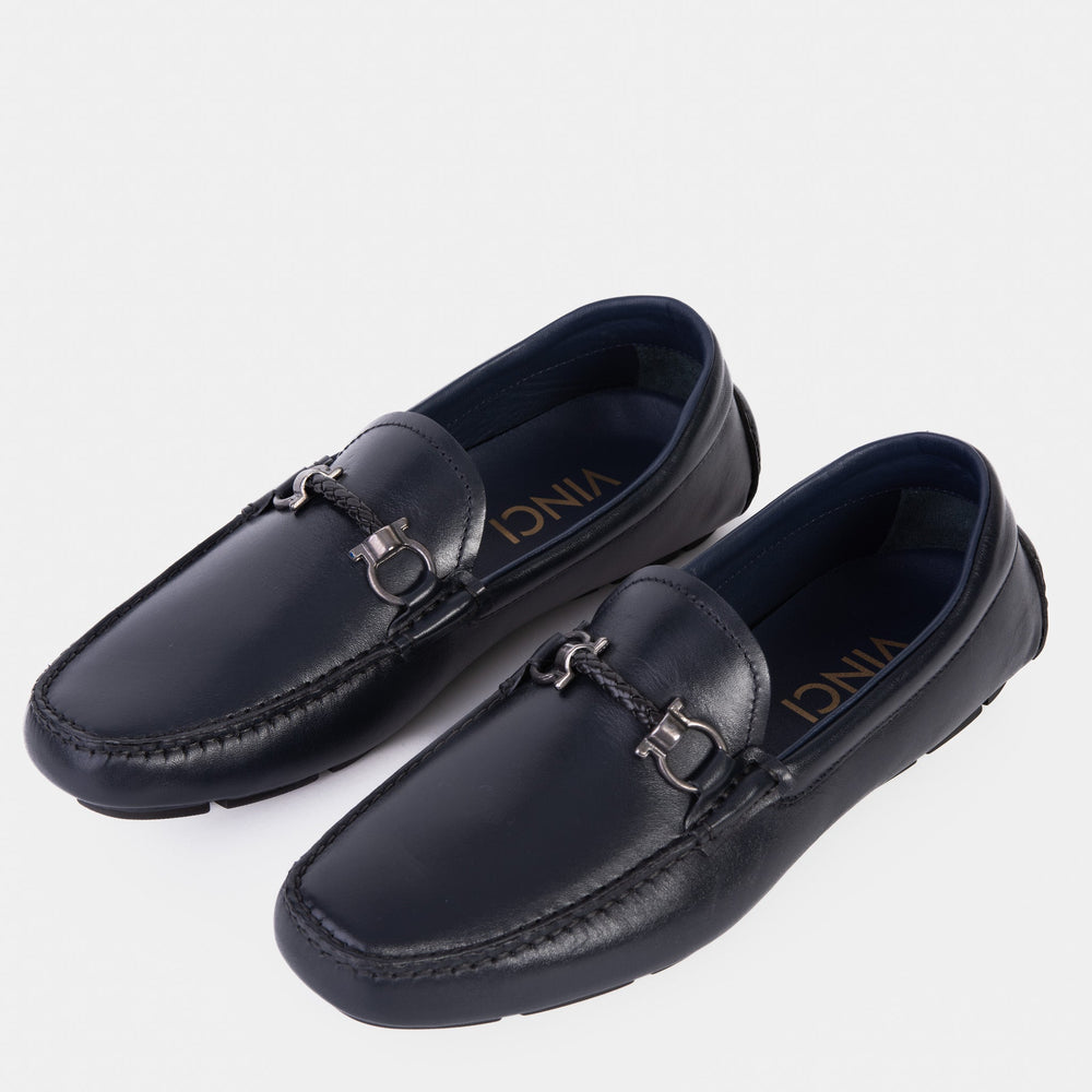 Pavia Navy Blue Leather Bit Drive Loafer Shoe - Vinci Leather