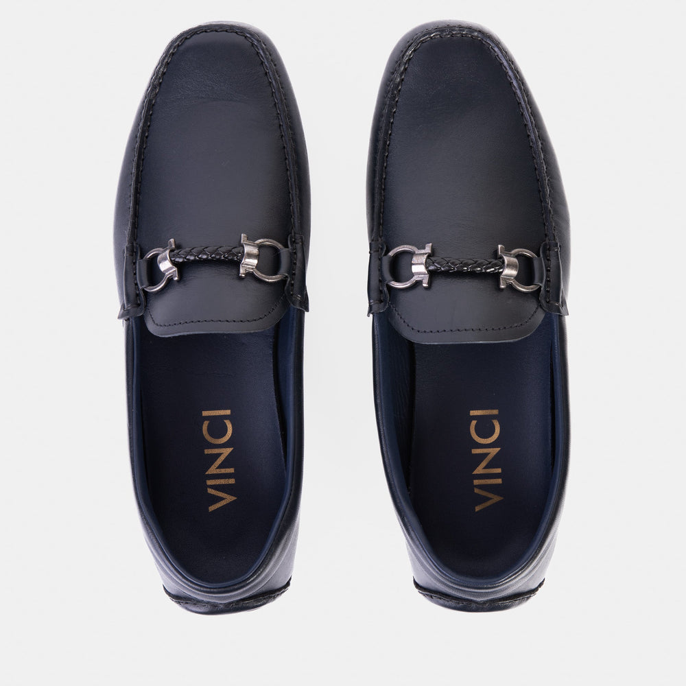Pavia Navy Blue Leather Bit Drive Loafer Shoe - Vinci Leather