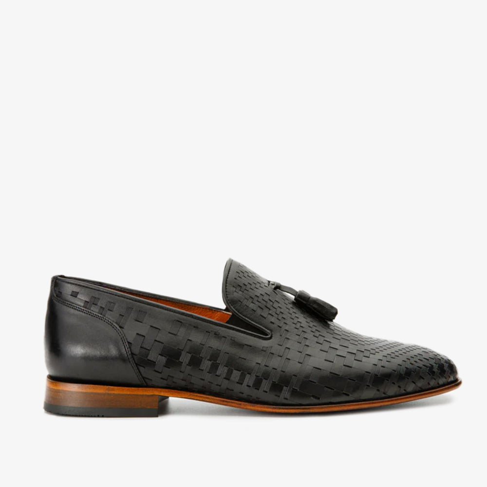 The Meram Black Leather Tassel Slip-On Loafer Shoe - Vinci Leather