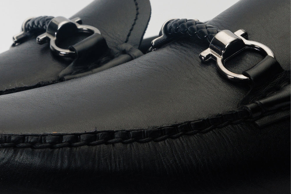 Pavia Black Leather Bit Drive Loafer Shoe - Vinci Leather