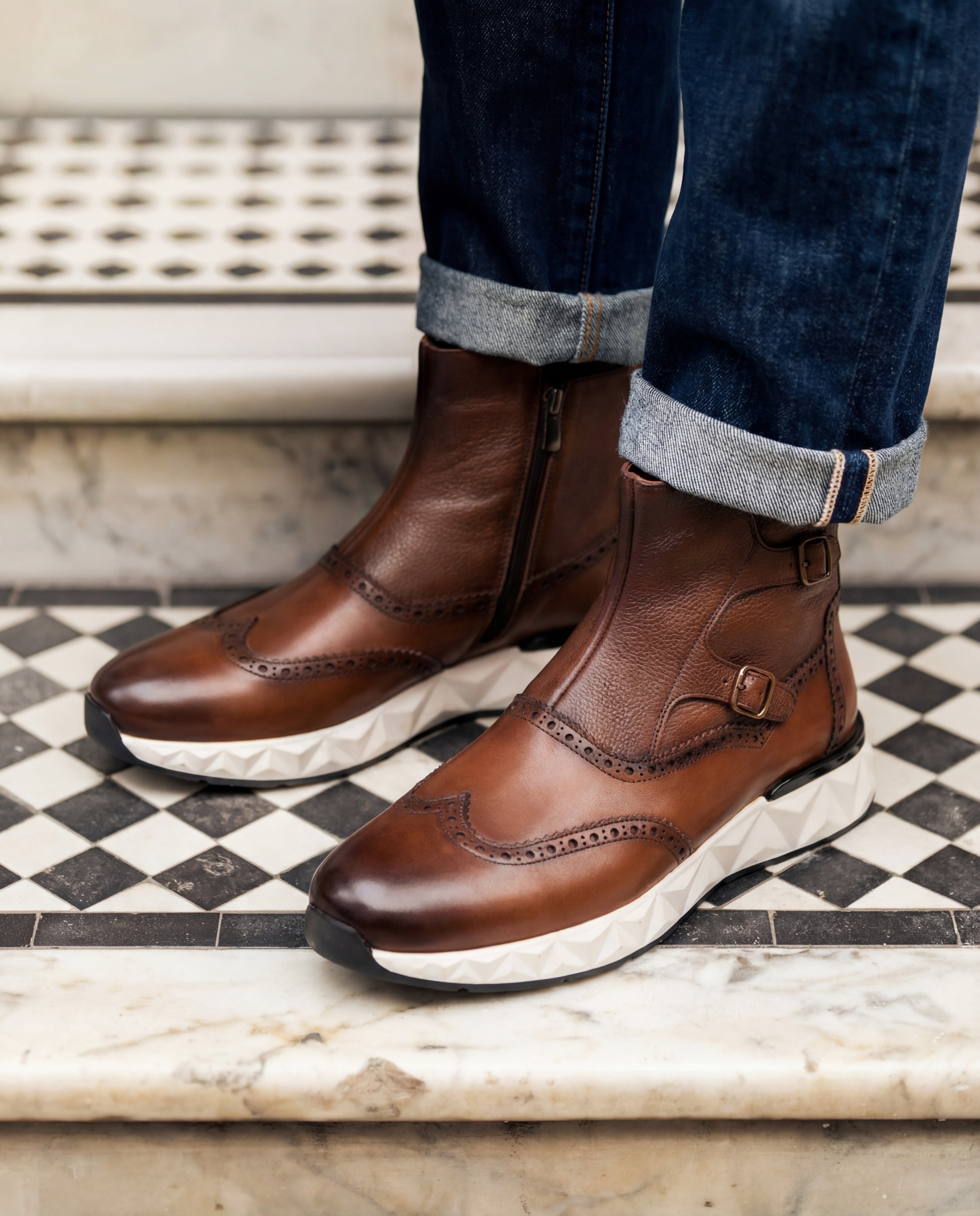 The Stealth Wingtip Buckle Tan Leather Boot - Vinci Leather