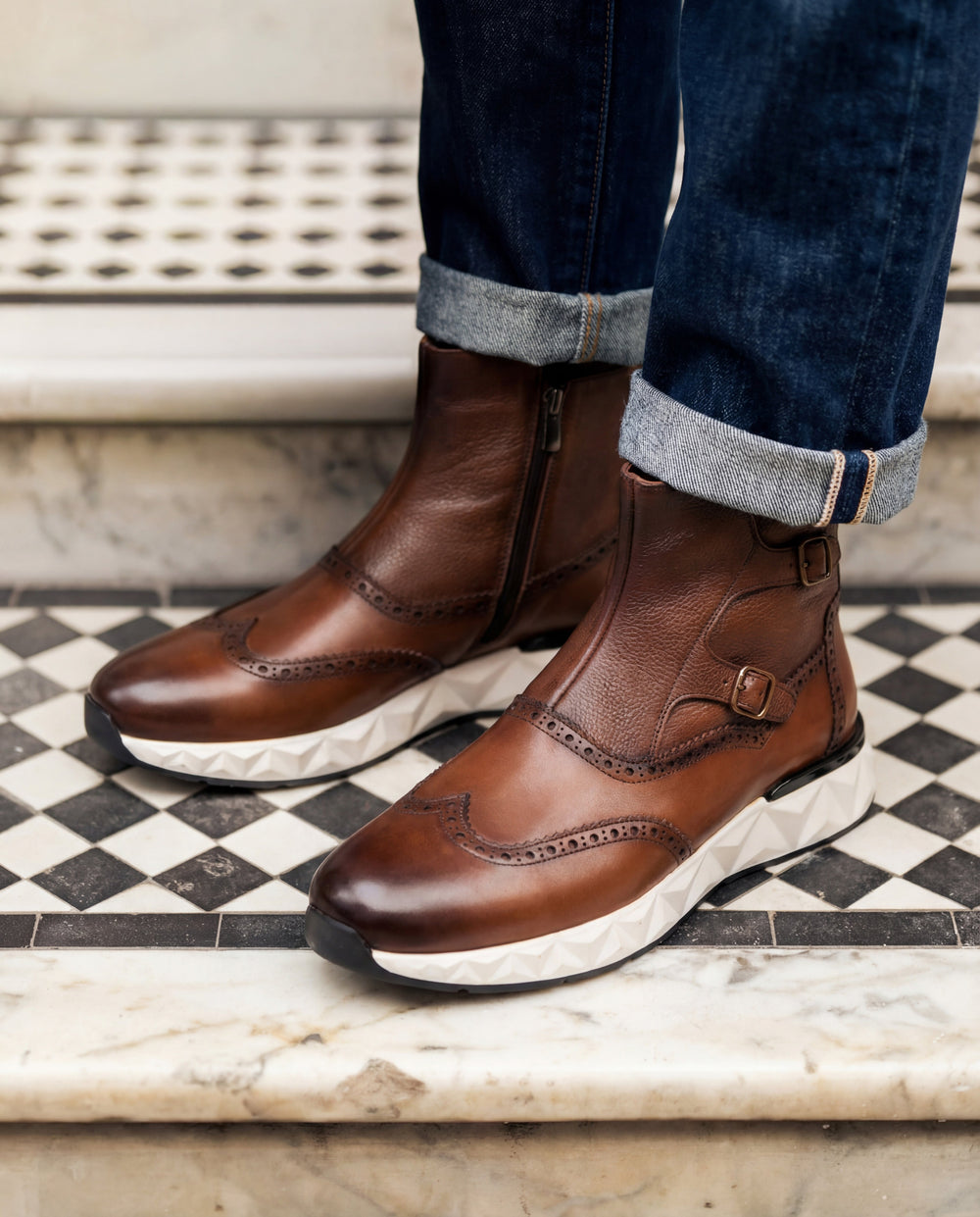 The Stealth Wingtip Buckle Tan Leather Boot - Vinci Leather