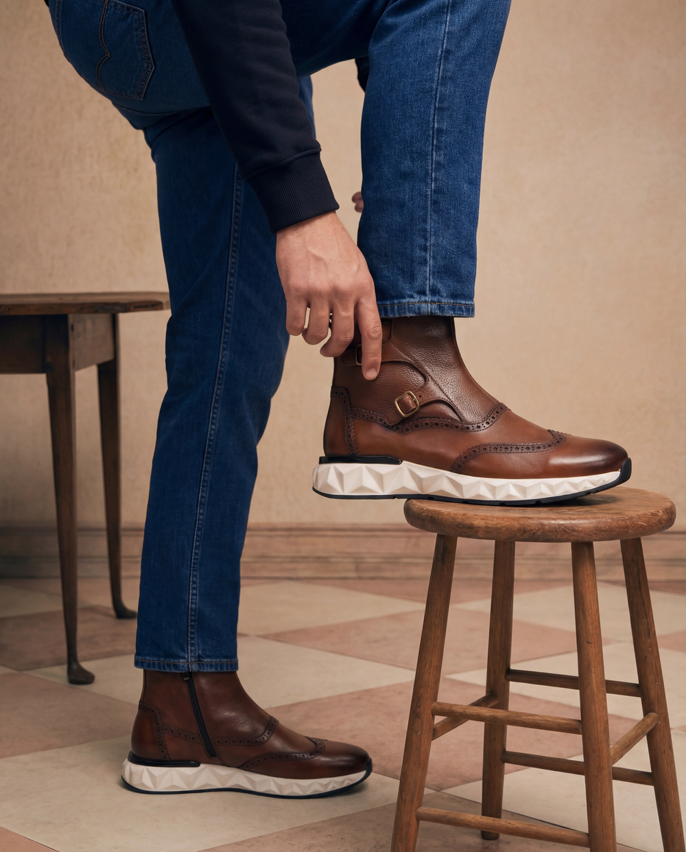 The Stealth Wingtip Buckle Tan Leather Boot - Vinci Leather