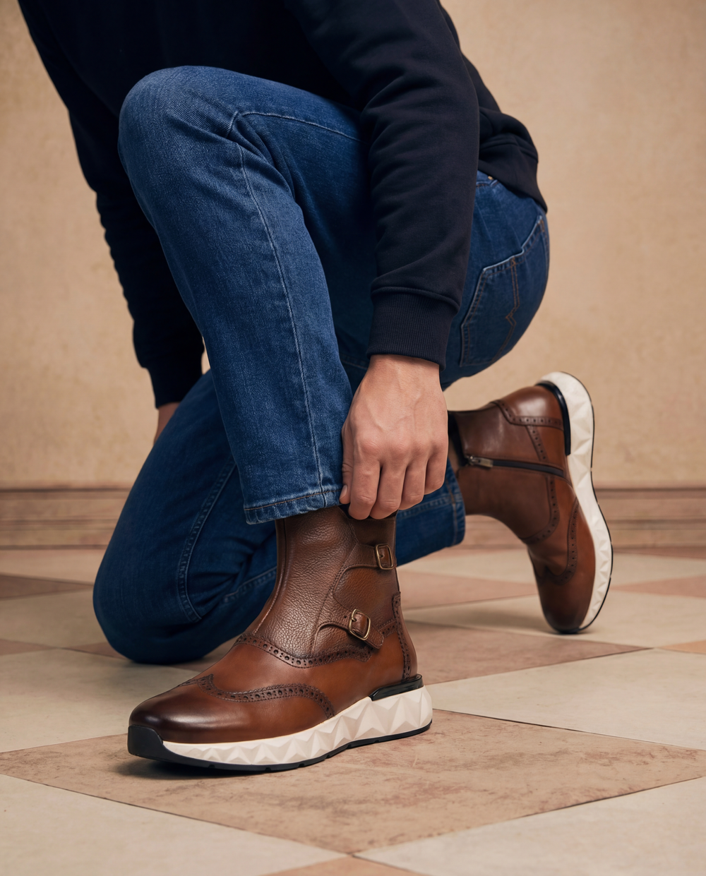 The Stealth Wingtip Buckle Tan Leather Boot - Vinci Leather