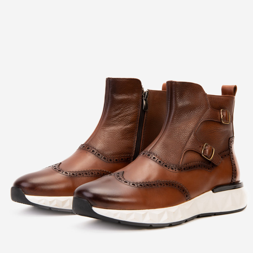 The Stealth Wingtip Buckle Tan Leather Boot - Vinci Leather