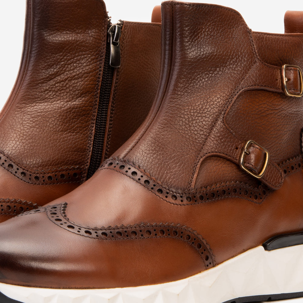 The Stealth Wingtip Buckle Tan Leather Boot - Vinci Leather