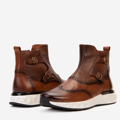 The Stealth Wingtip Buckle Tan Leather Boot - Vinci Leather