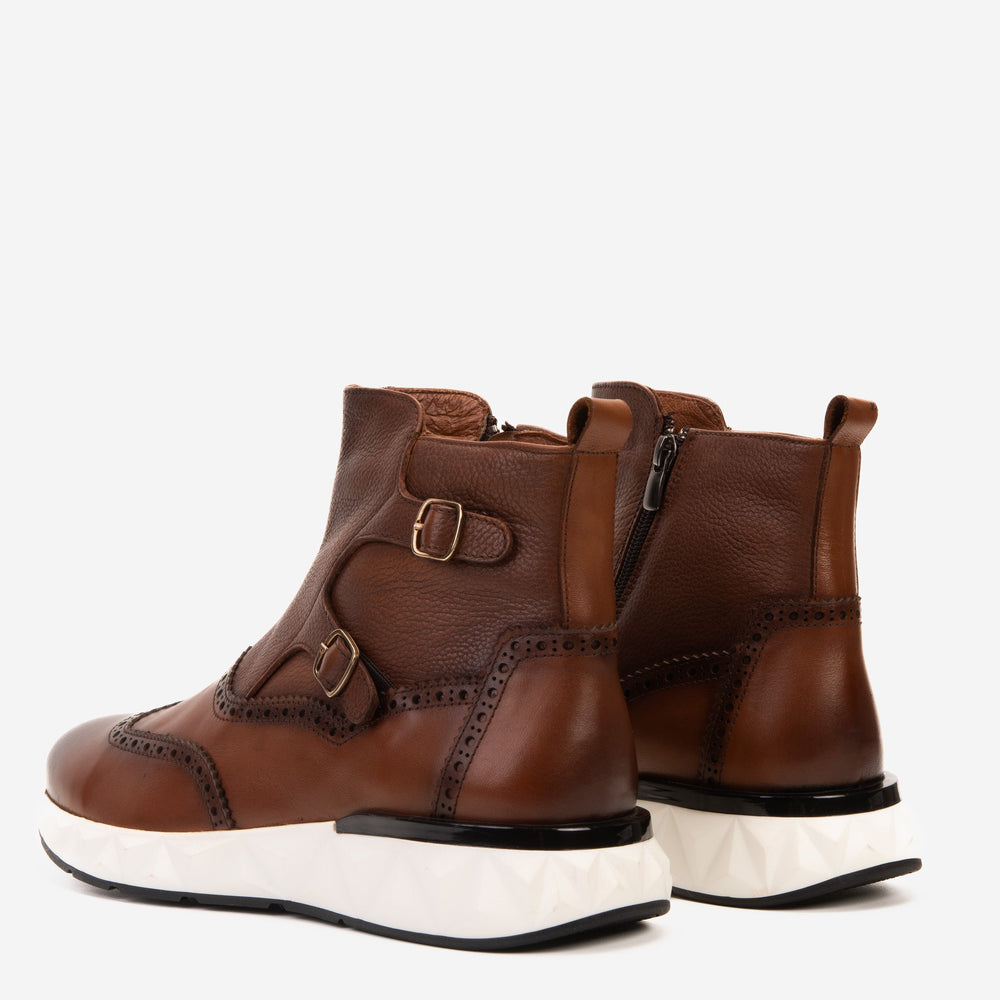 The Stealth Wingtip Buckle Tan Leather Boot - Vinci Leather