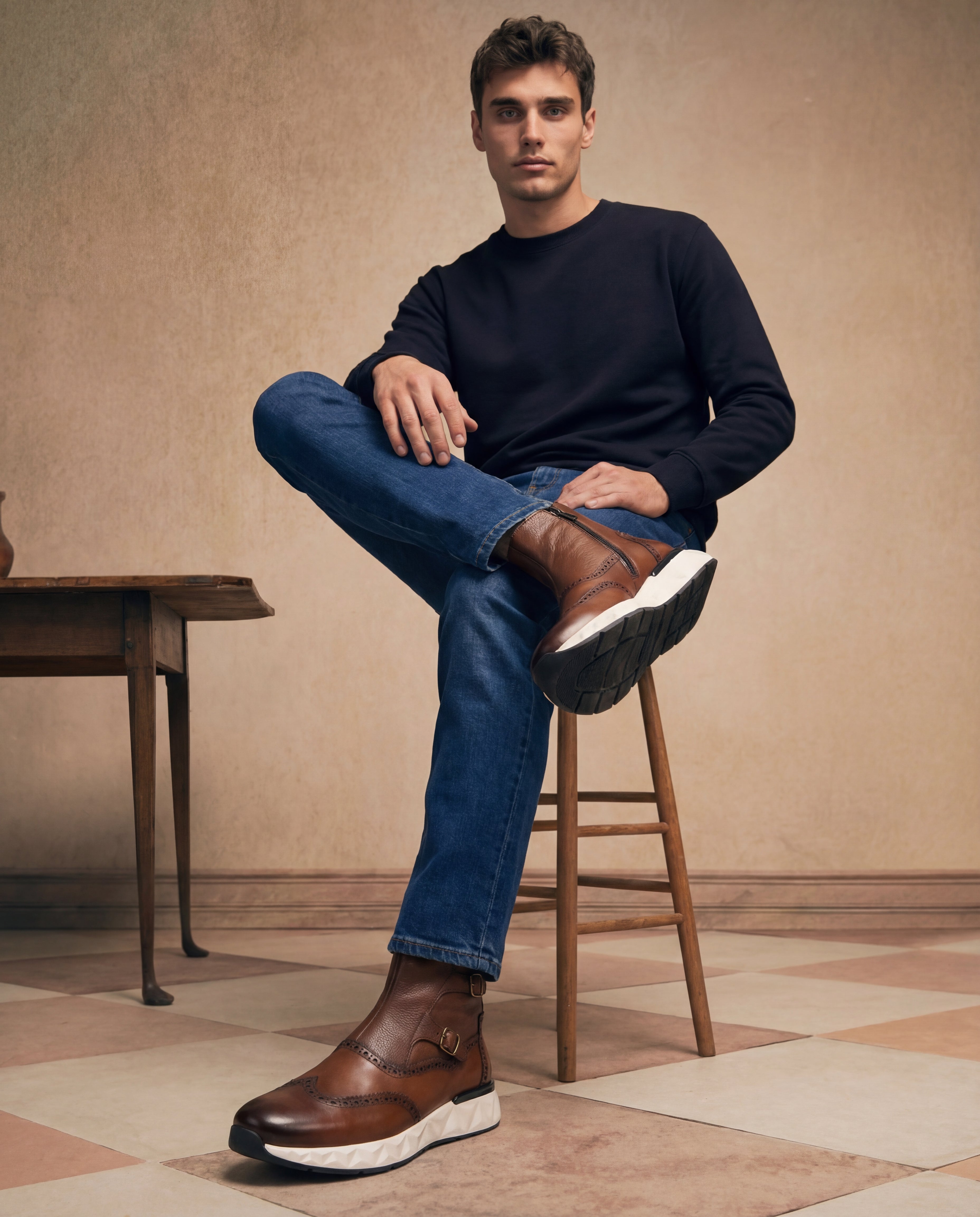 The Stealth Wingtip Buckle Tan Leather Boot - Vinci Leather