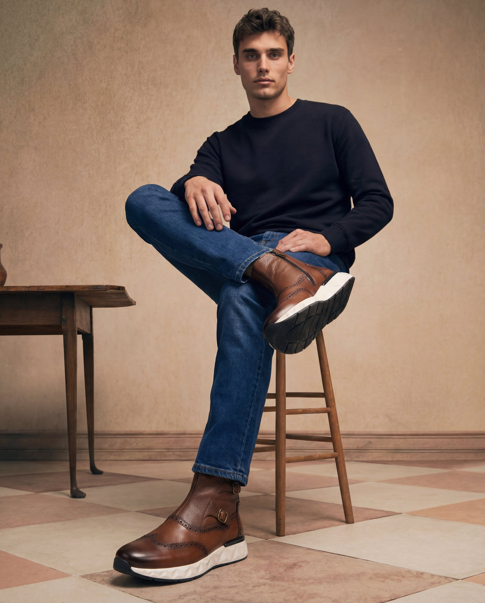 The Stealth Wingtip Buckle Tan Leather Boot - Vinci Leather
