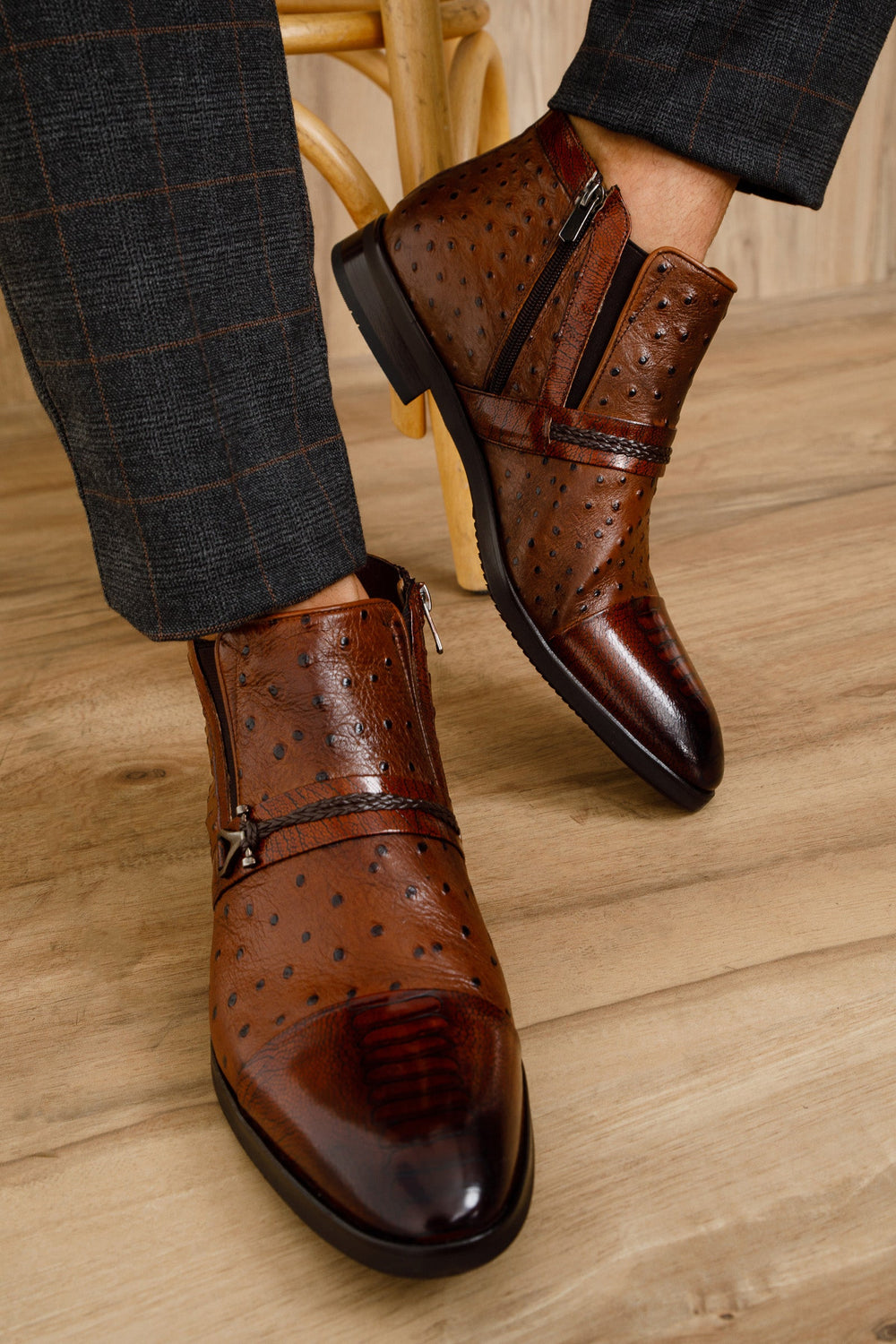 The Dallas Tan Leather Bit Ankle Zip-Up Dress Boot - Vinci Leather