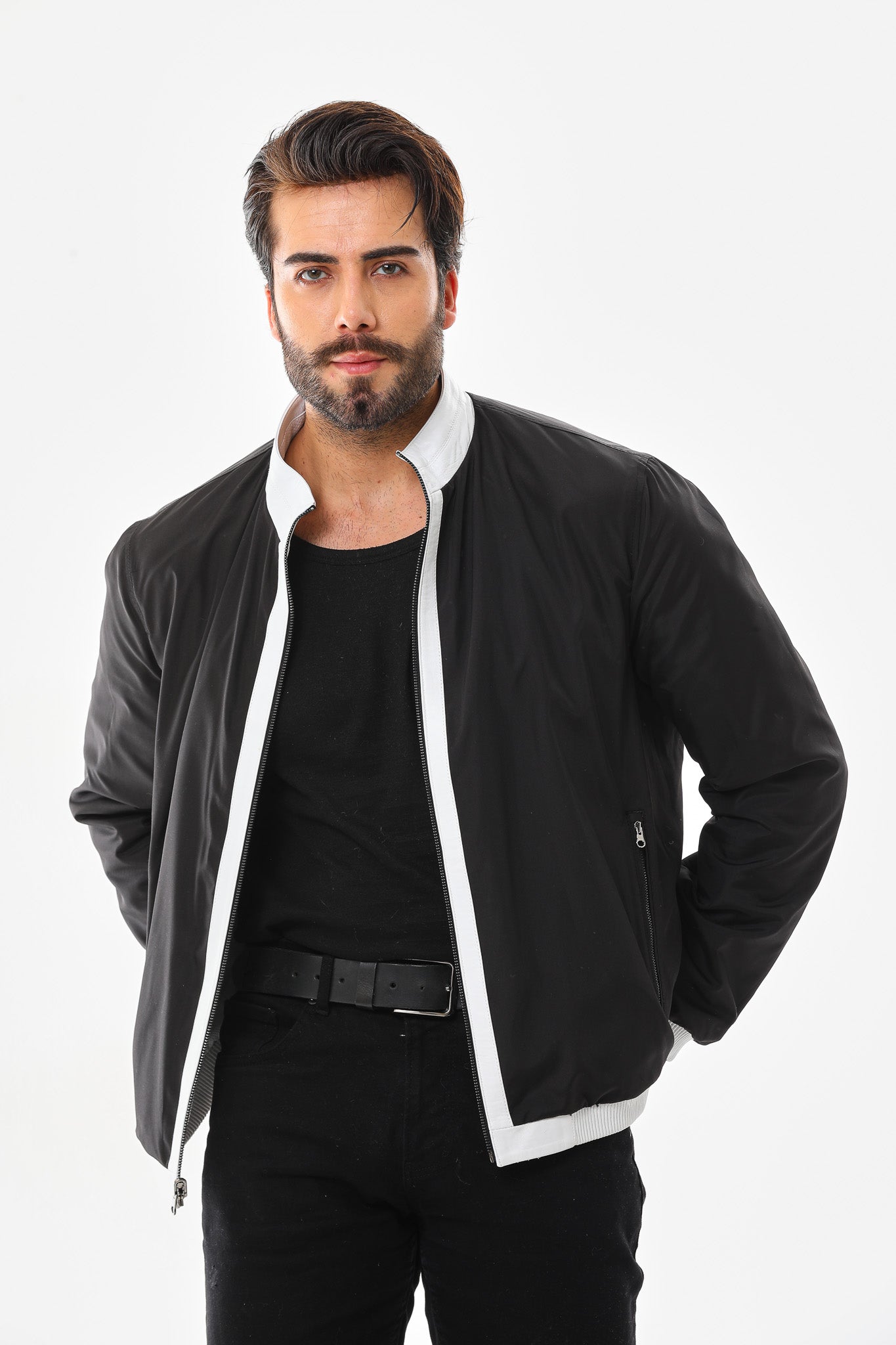 The Como Reversible White Black Leather Bomber Jacket - Vinci Leather