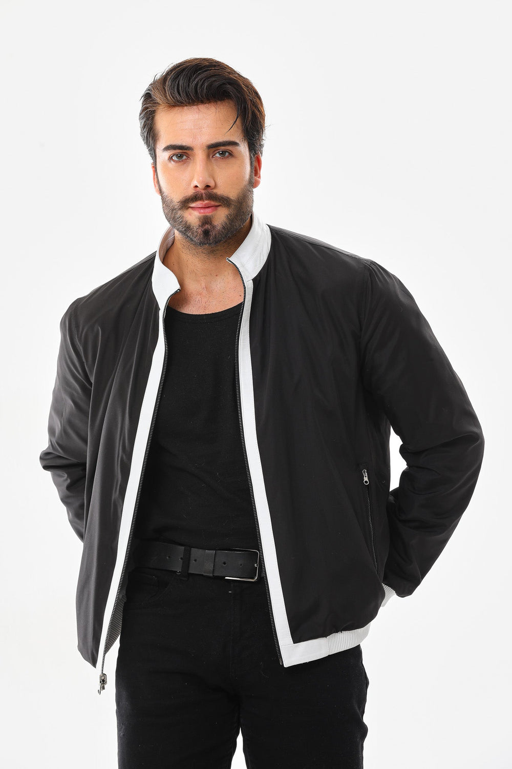 The Como Reversible White Black Leather Bomber Jacket - Vinci Leather