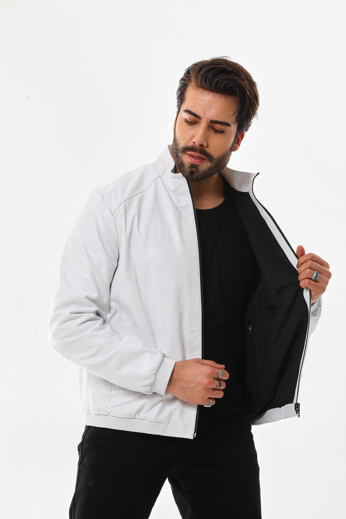The Como Reversible White Black Leather Bomber Jacket - Vinci Leather