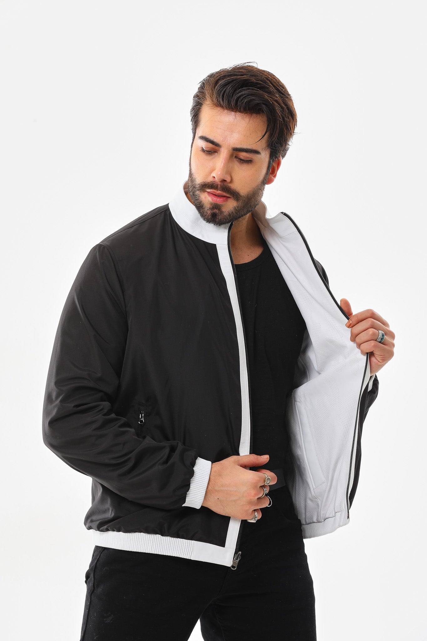 The Como Reversible White Black Leather Bomber Jacket - Vinci Leather