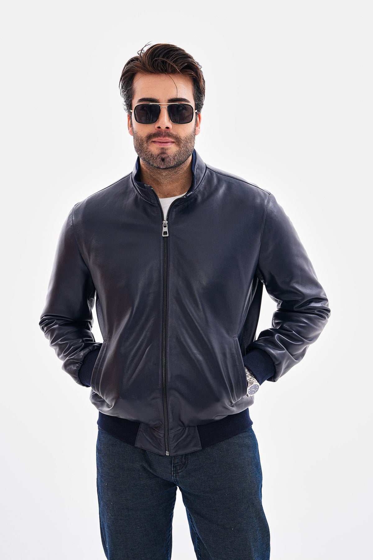 The Ardent Lambskin Leather Jacket – Navy Blue - Vinci Leather