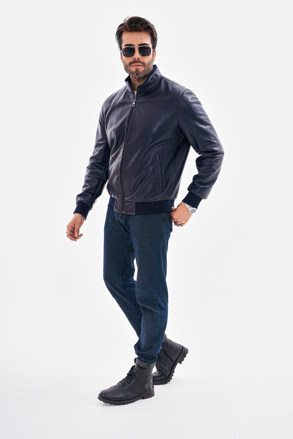 The Ardent Lambskin Leather Jacket – Navy Blue - Vinci Leather