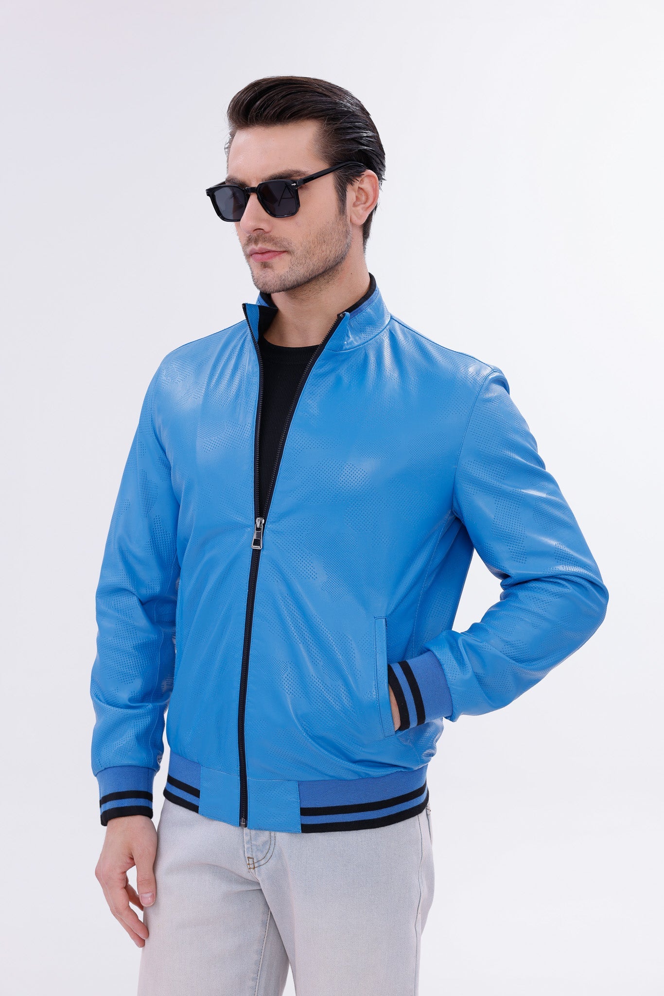 Monza Blue Lambskin Leather Jacket - Vinci Leather