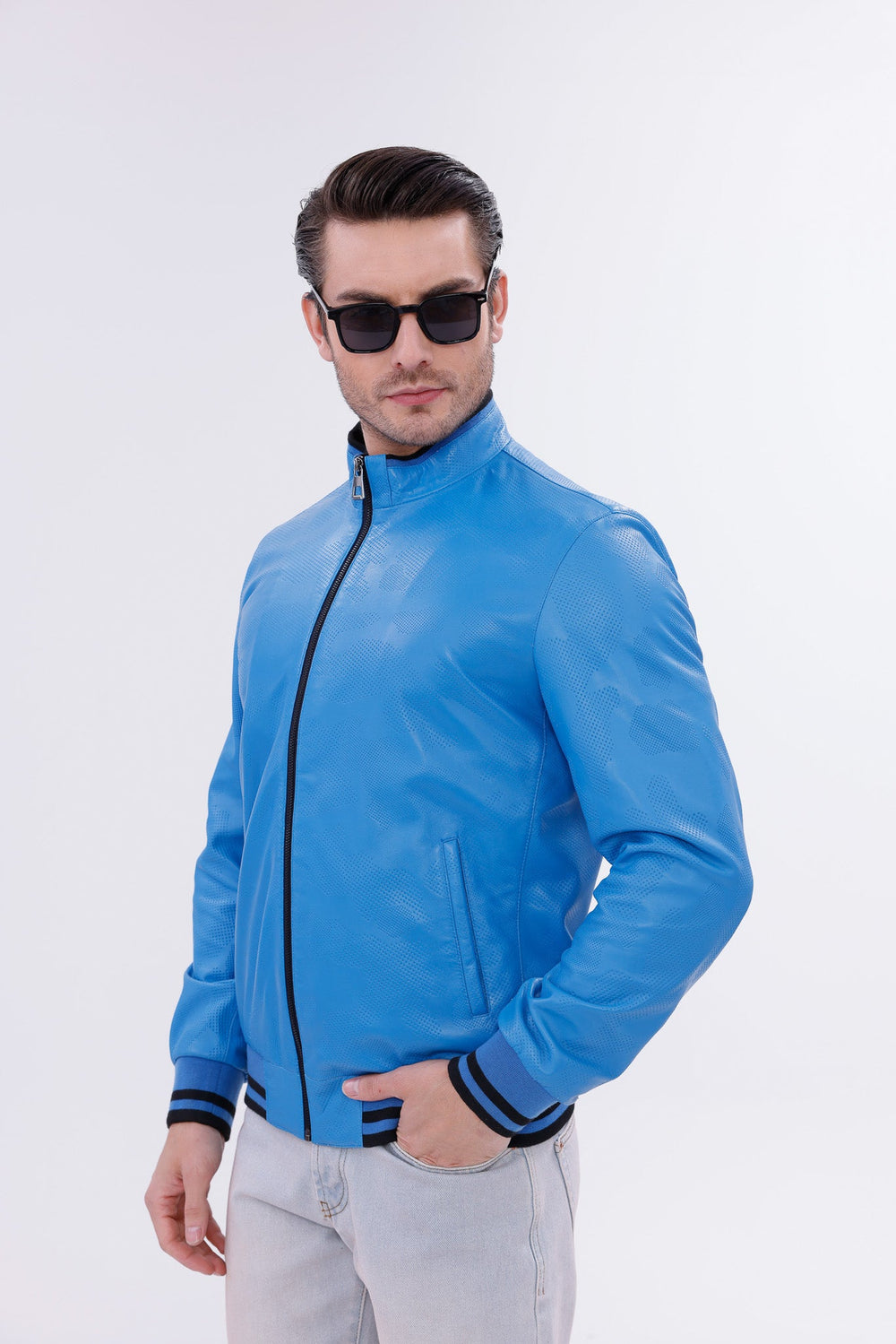 Monza Blue Lambskin Leather Jacket - Vinci Leather