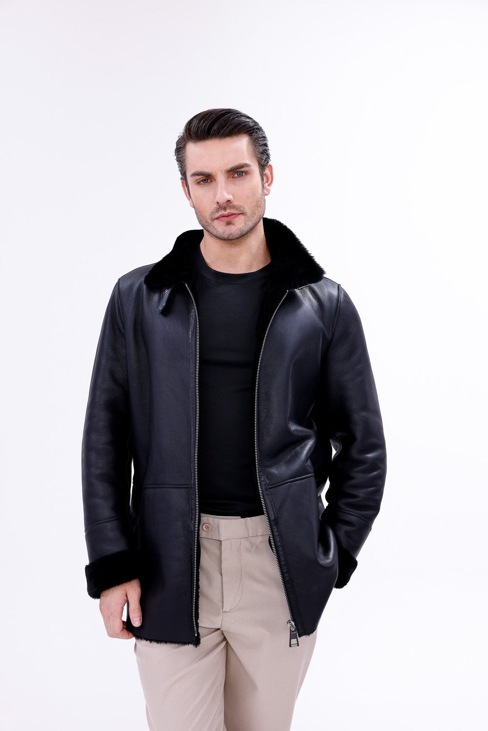 The Treviso Black Shearling Jacket - Vinci Leather