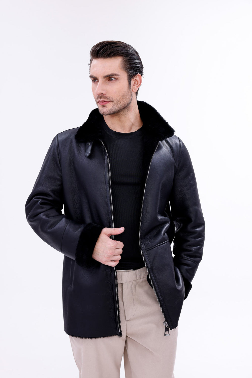The Treviso Black Shearling Jacket - Vinci Leather