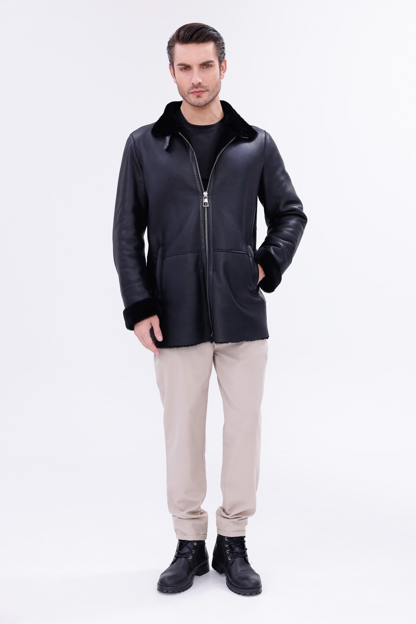 The Treviso Black Shearling Jacket - Vinci Leather