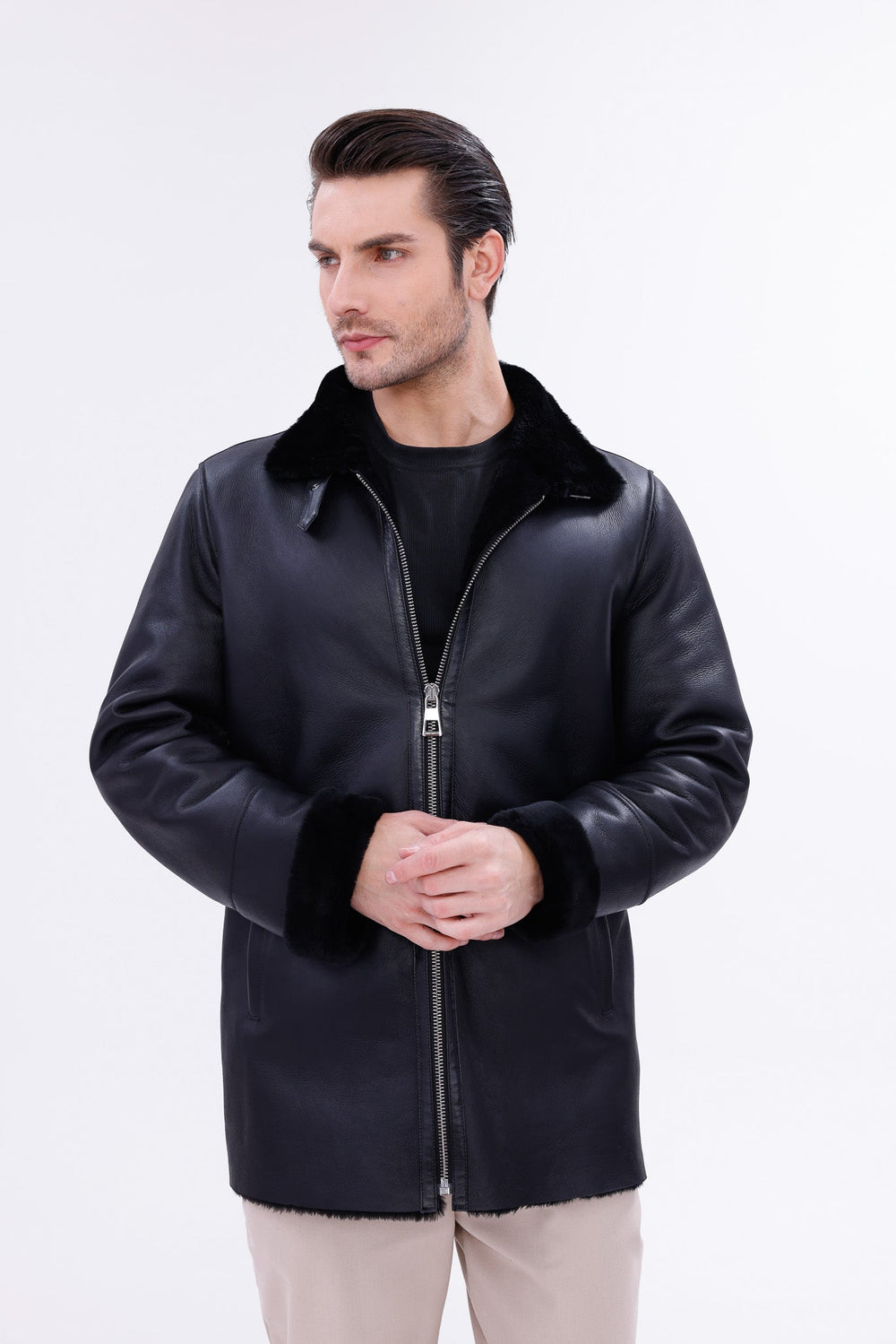 The Treviso Black Shearling Jacket - Vinci Leather
