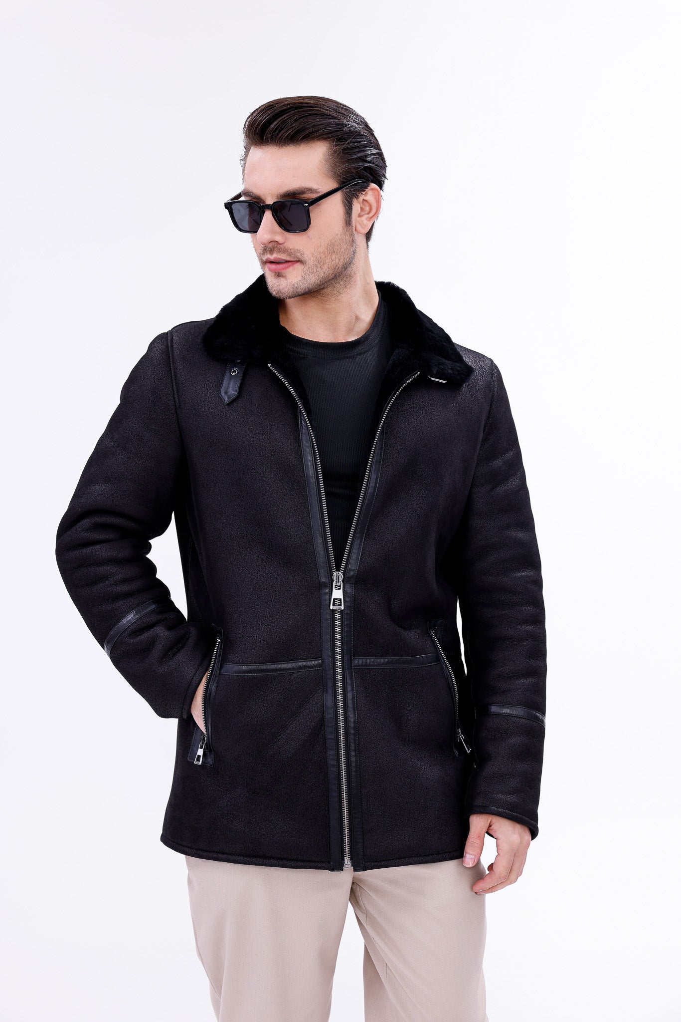 The Varese Black Shearling Jacket - Vinci Leather