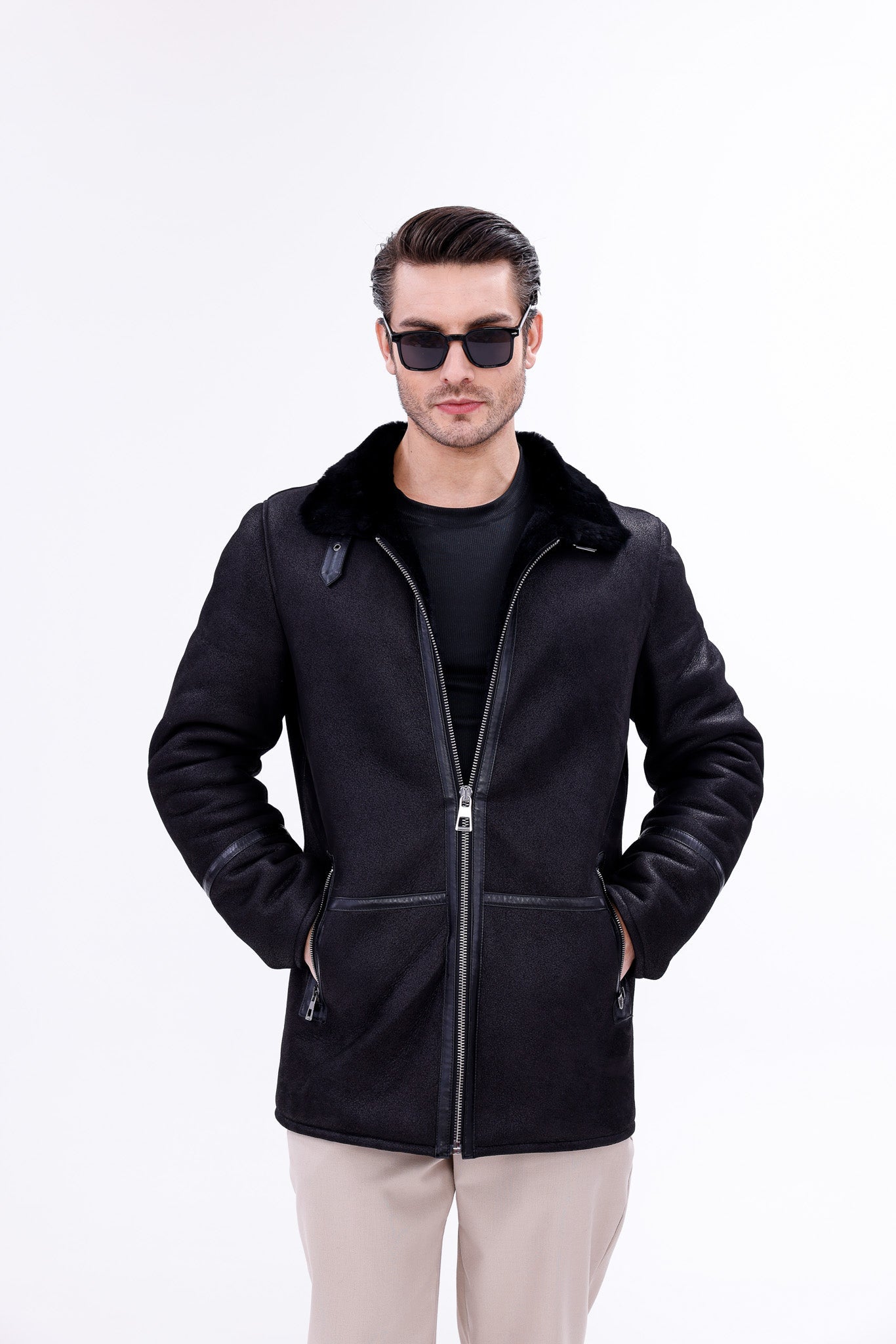 The Varese Black Shearling Jacket - Vinci Leather