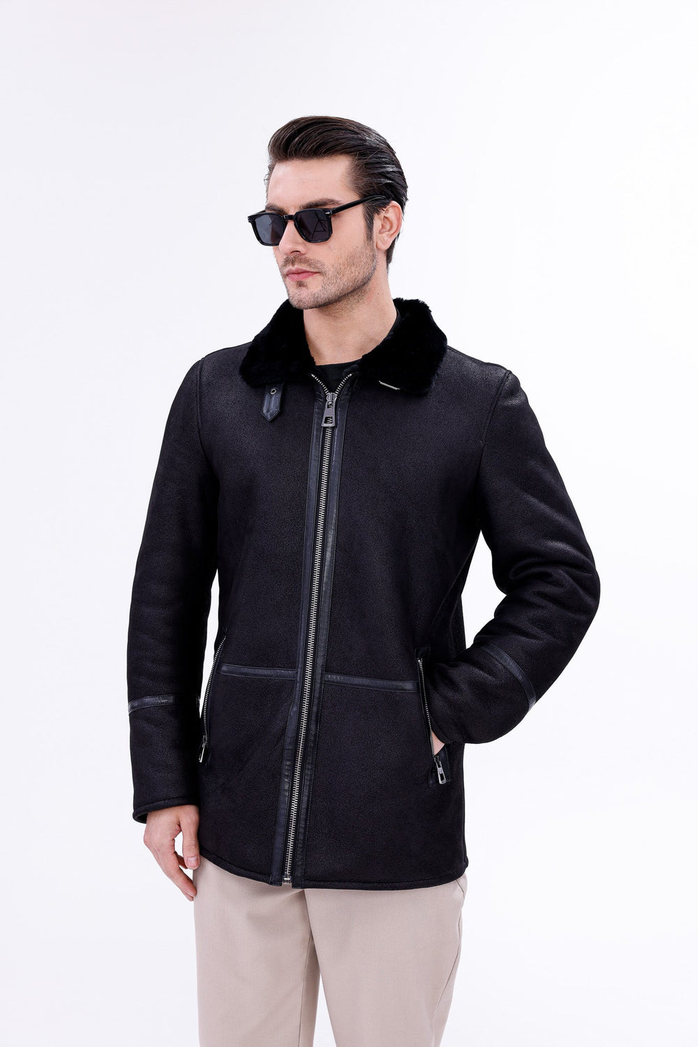 The Varese Black Shearling Jacket - Vinci Leather