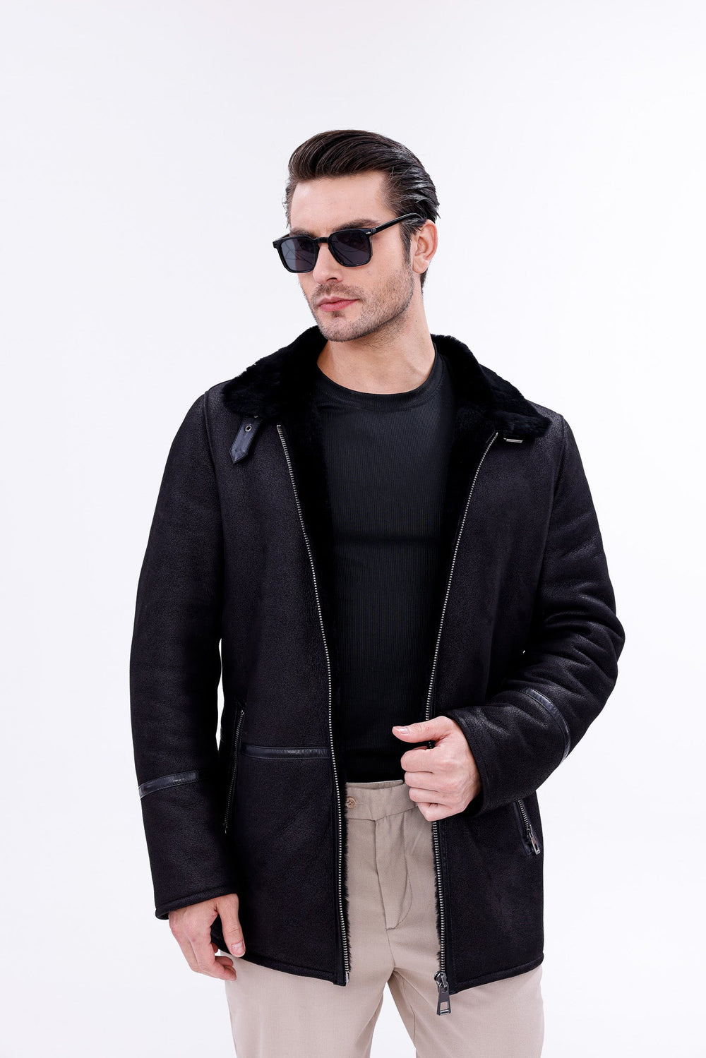 The Varese Black Shearling Jacket - Vinci Leather