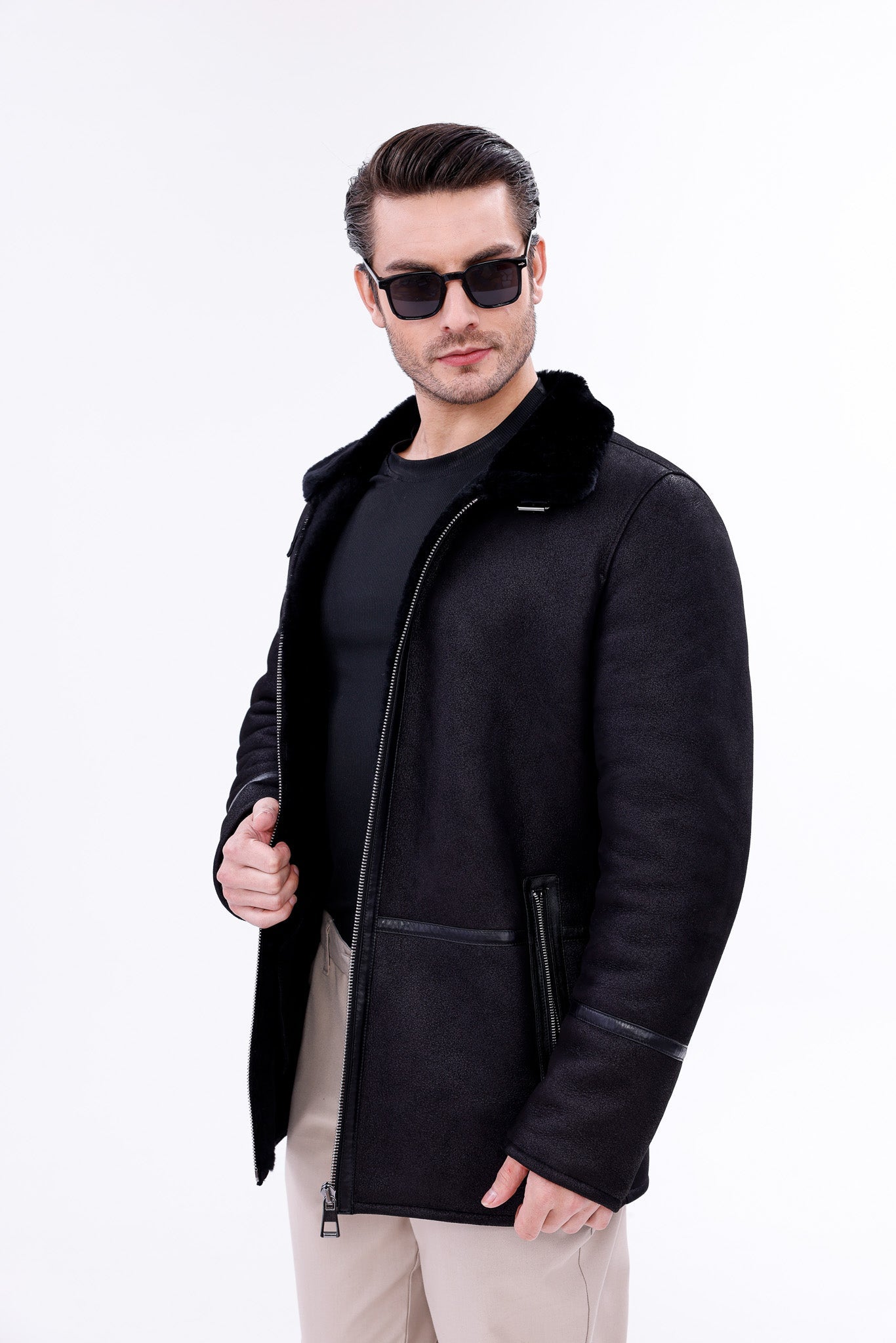 The Varese Black Shearling Jacket - Vinci Leather