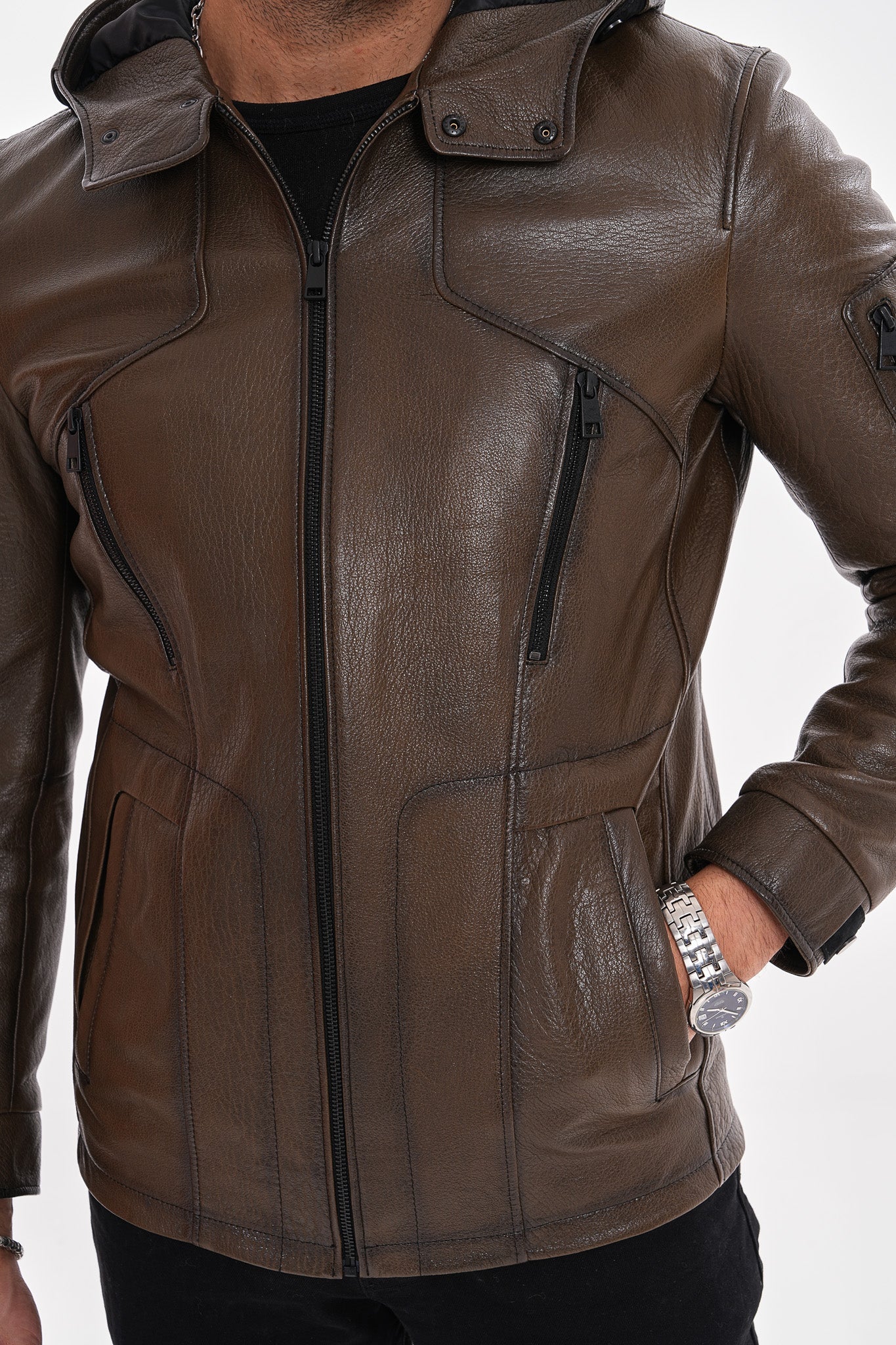 The Veneto Khaki Leather Hooded Jacket - Vinci Leather