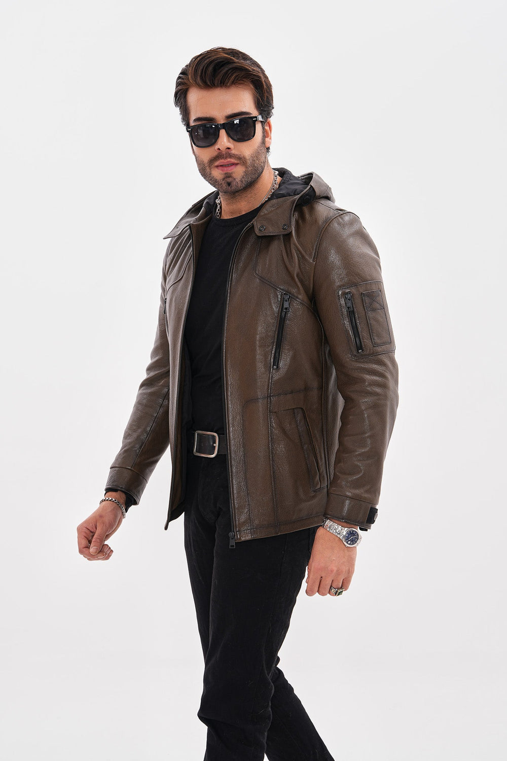 The Veneto Khaki Leather Hooded Jacket - Vinci Leather
