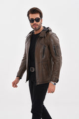 The Veneto Khaki Leather Hooded Jacket - Vinci Leather