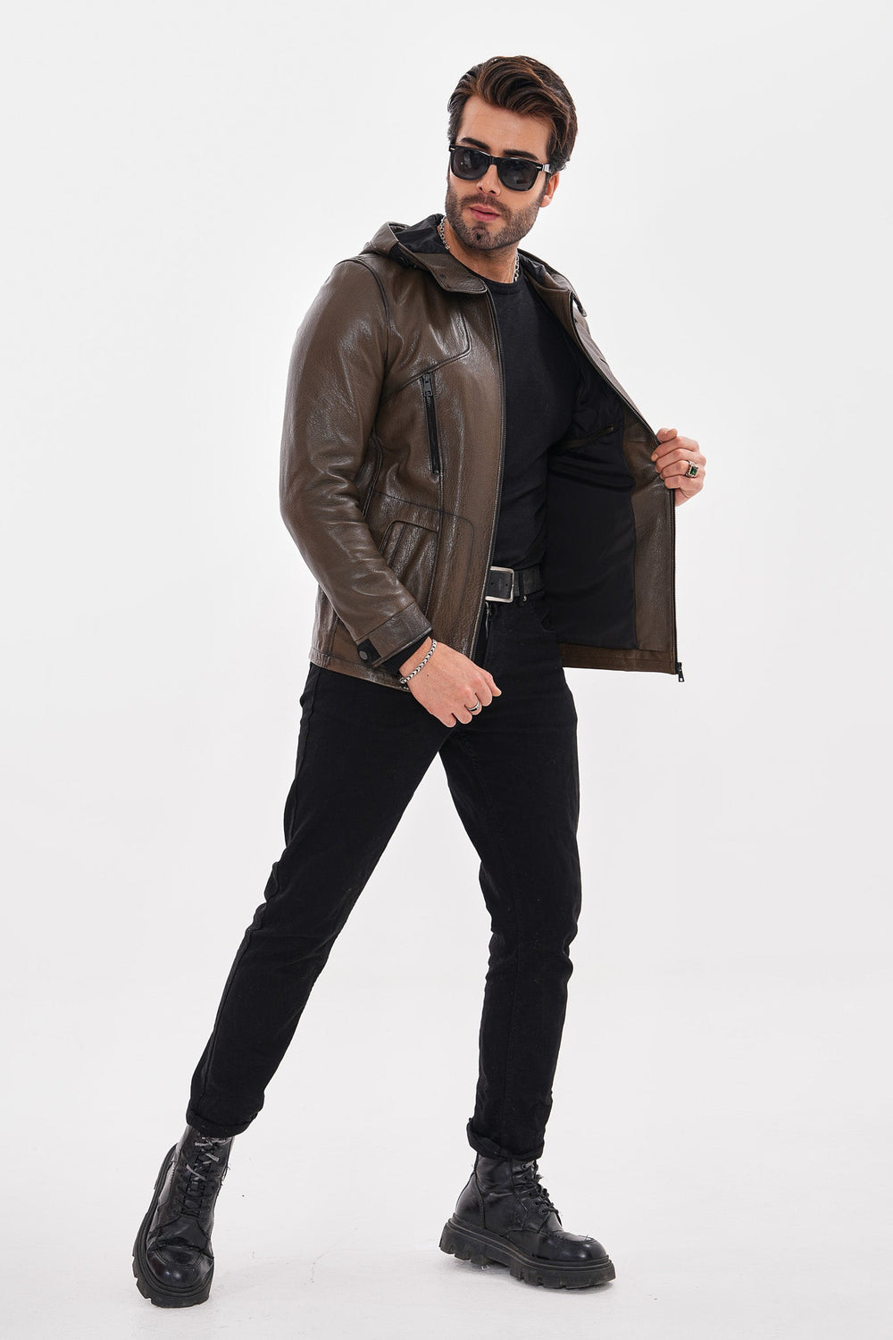 The Veneto Khaki Leather Hooded Jacket - Vinci Leather
