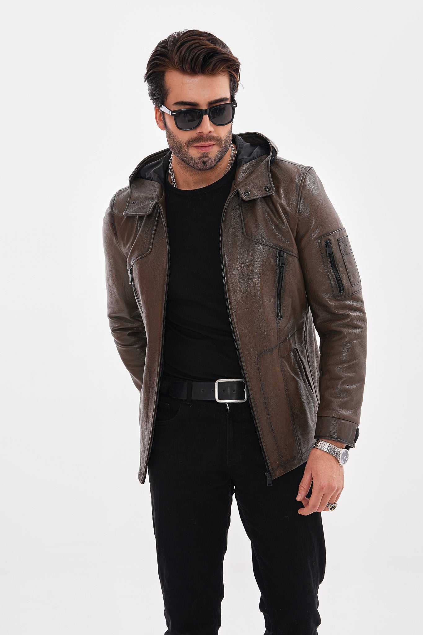 The Veneto Khaki Leather Hooded Jacket - Vinci Leather