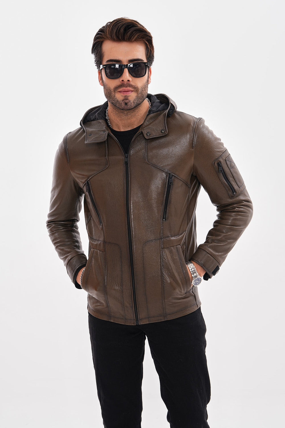 The Veneto Khaki Leather Hooded Jacket - Vinci Leather