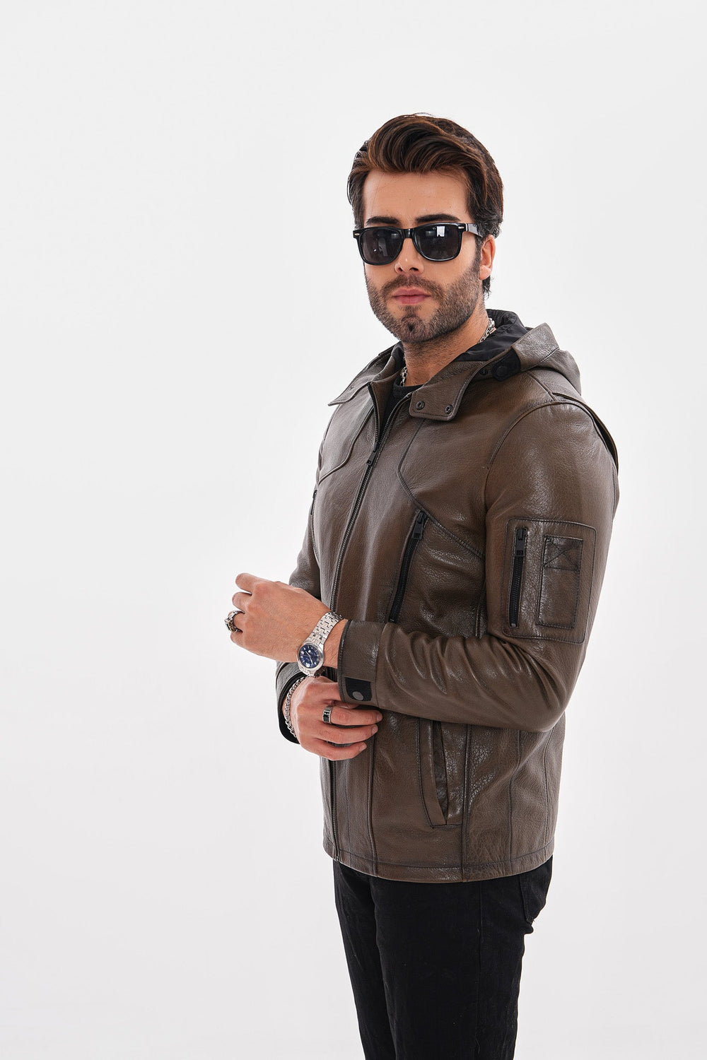 The Veneto Khaki Leather Hooded Jacket - Vinci Leather