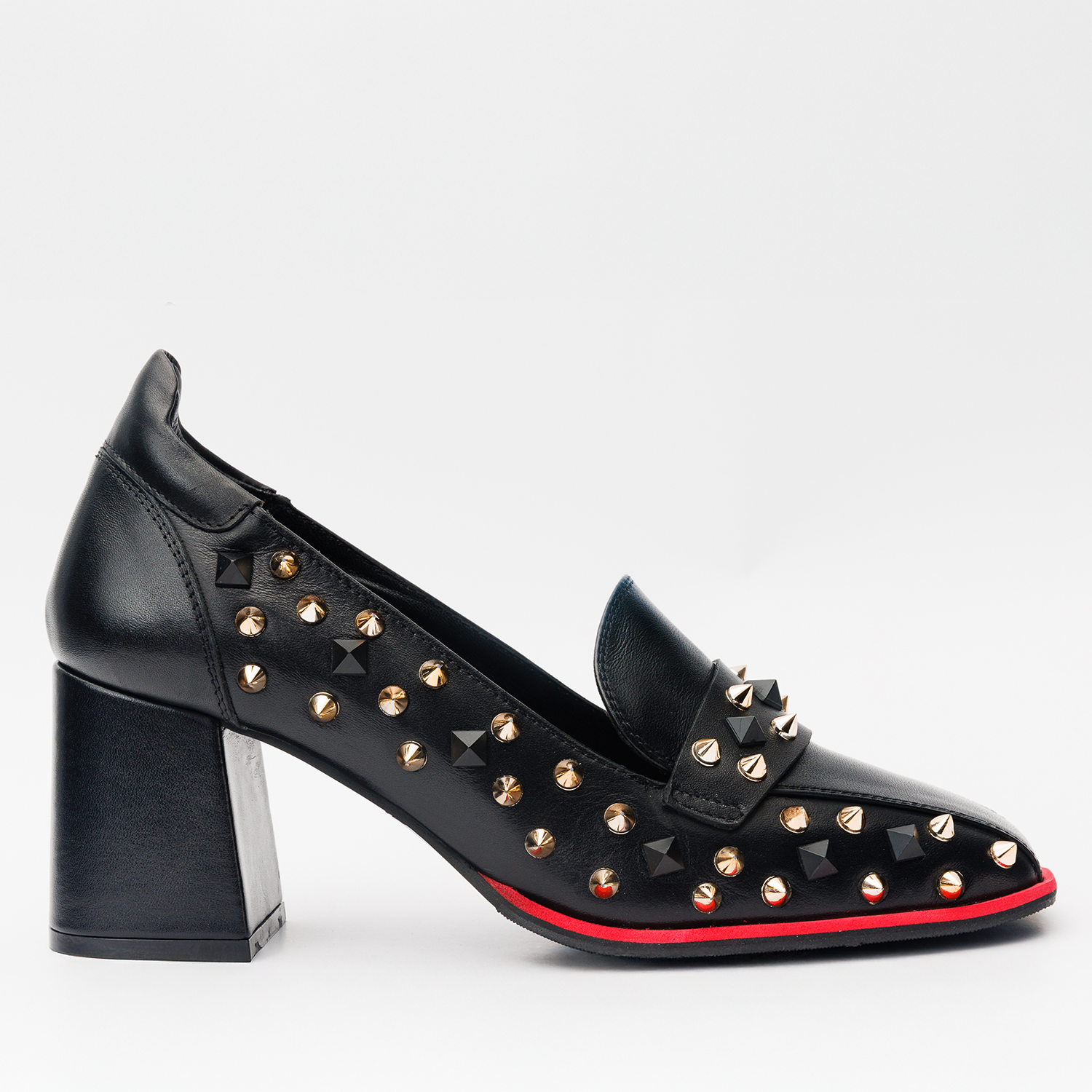 The Infanta Black Spike Leather Block Heel Pump Shoe - Vinci Leather