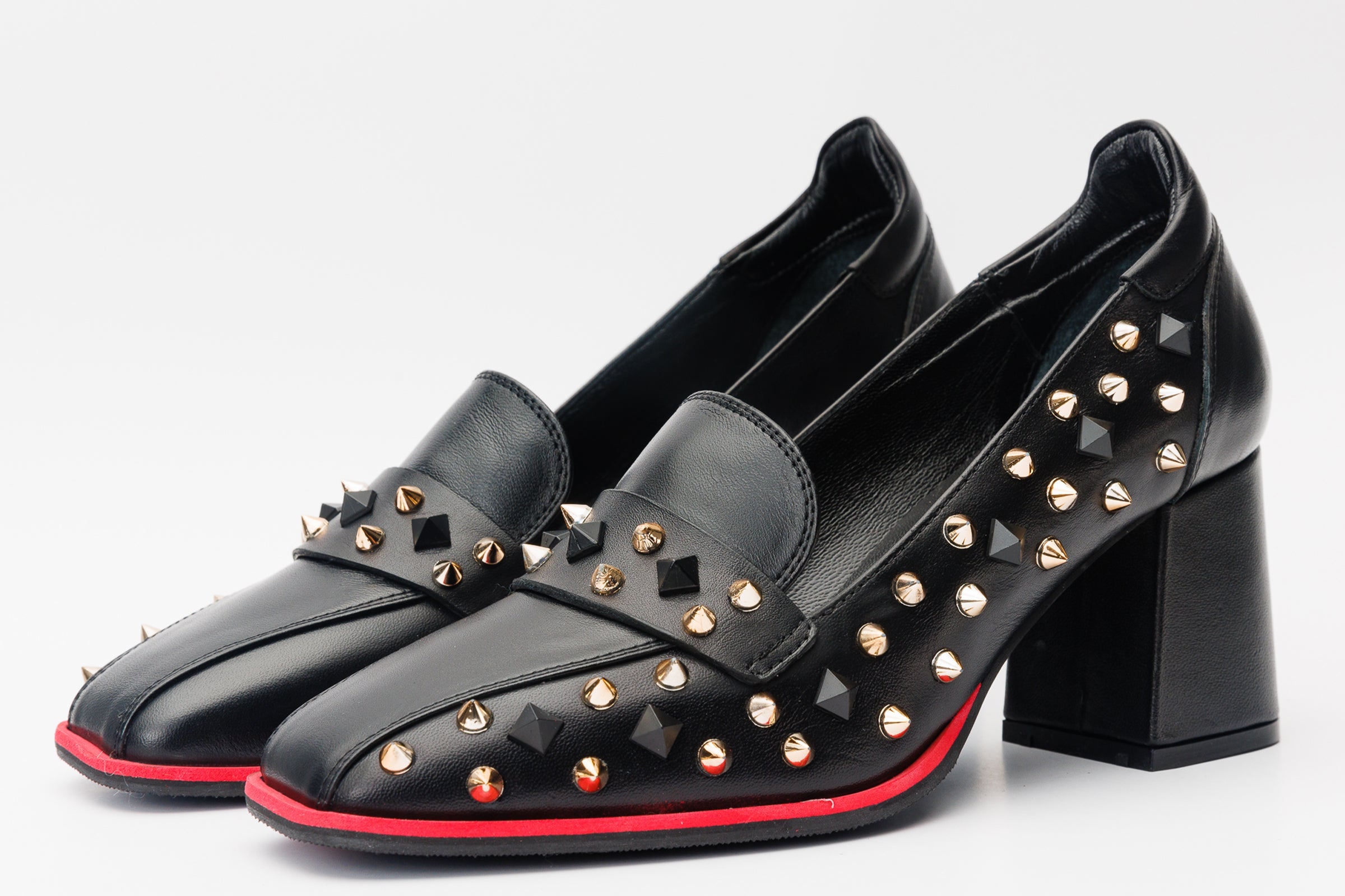The Infanta Black Spike Leather Block Heel Pump Shoe - Vinci Leather