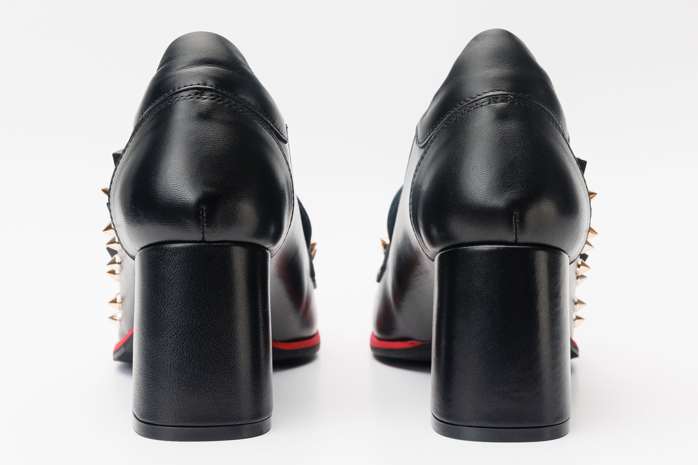 The Infanta Black Spike Leather Block Heel Pump Shoe - Vinci Leather