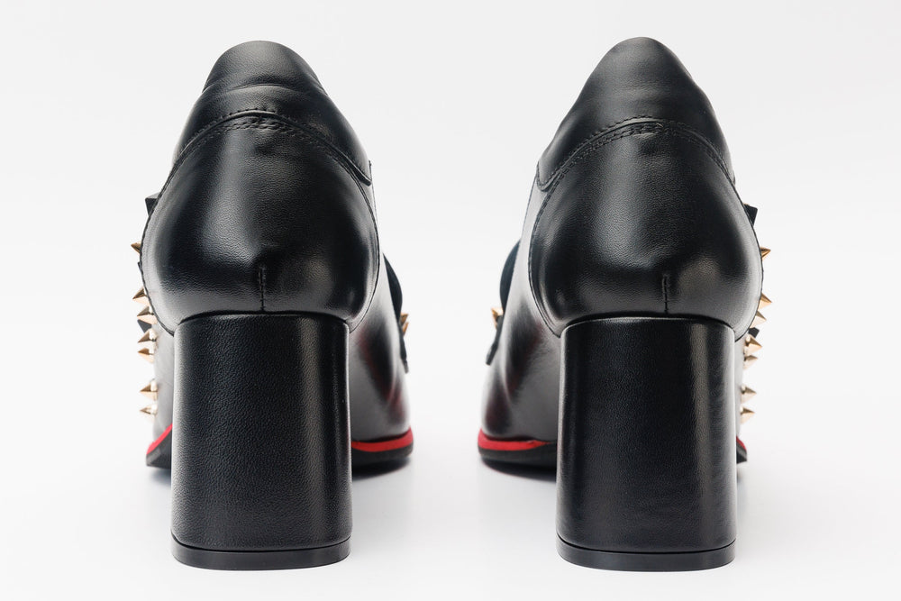 The Infanta Black Spike Leather Block Heel Pump Shoe - Vinci Leather