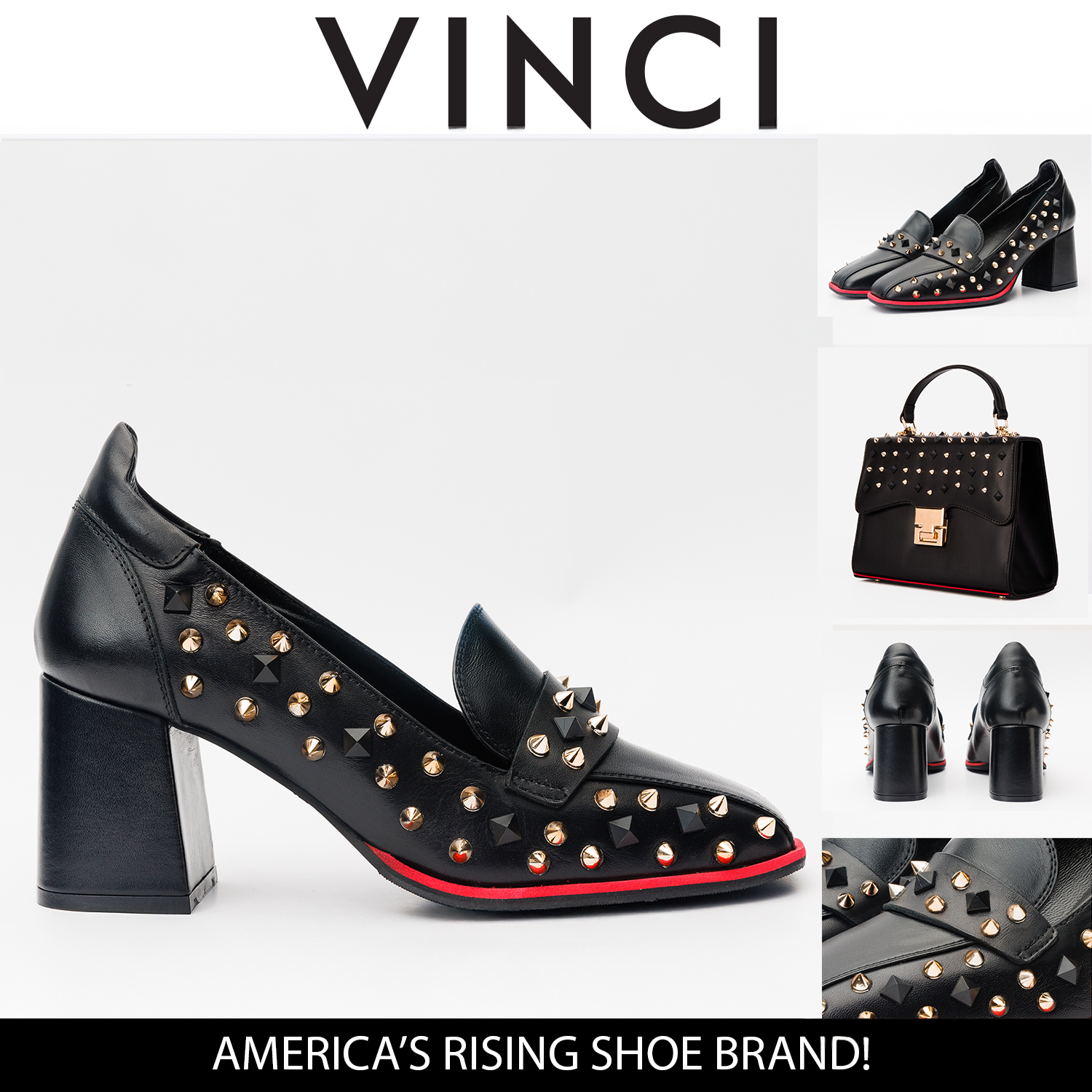 The Infanta Black Spike Leather Block Heel Pump Shoe - Vinci Leather