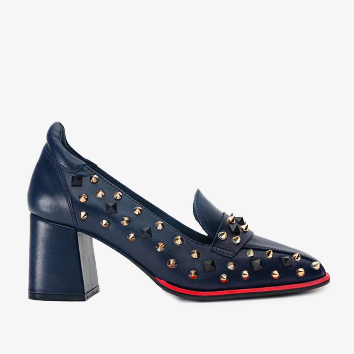 The Infanta Navy Blue Spike Leather Block Heel Pump Shoe - Vinci Leather