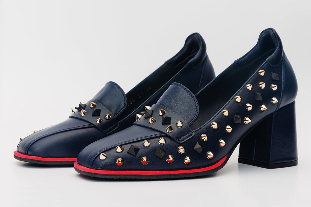 The Infanta Navy Blue Spike Leather Block Heel Pump Shoe - Vinci Leather