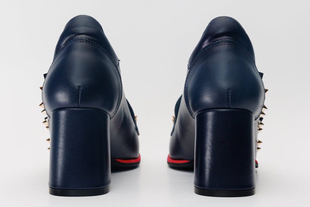 The Infanta Navy Blue Spike Leather Block Heel Pump Shoe - Vinci Leather